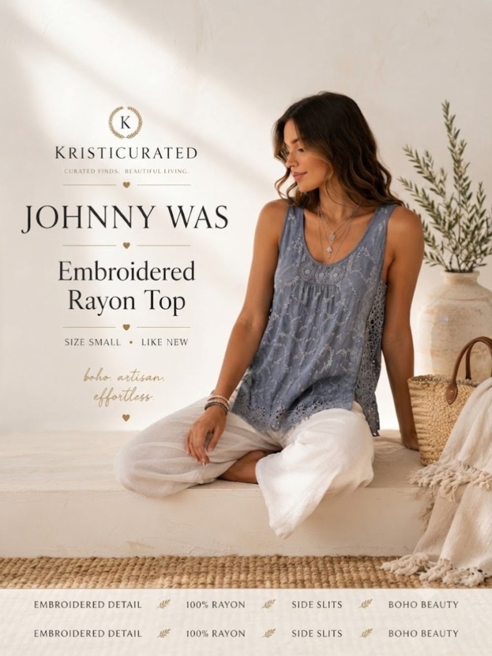 🌿 Johnny Was Embroidered Rayon Sleeveless Boho Top | Size Small | Like New